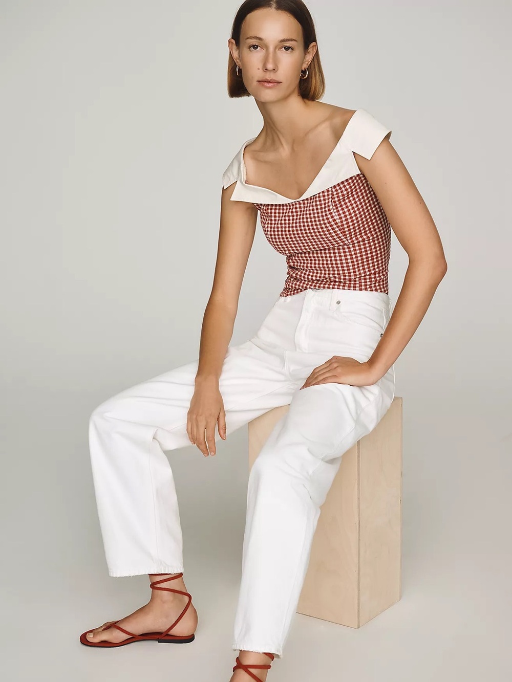 NWT Anthropologie Maeve Off-Shoulder Collared Top in Red Gingham Size XS
